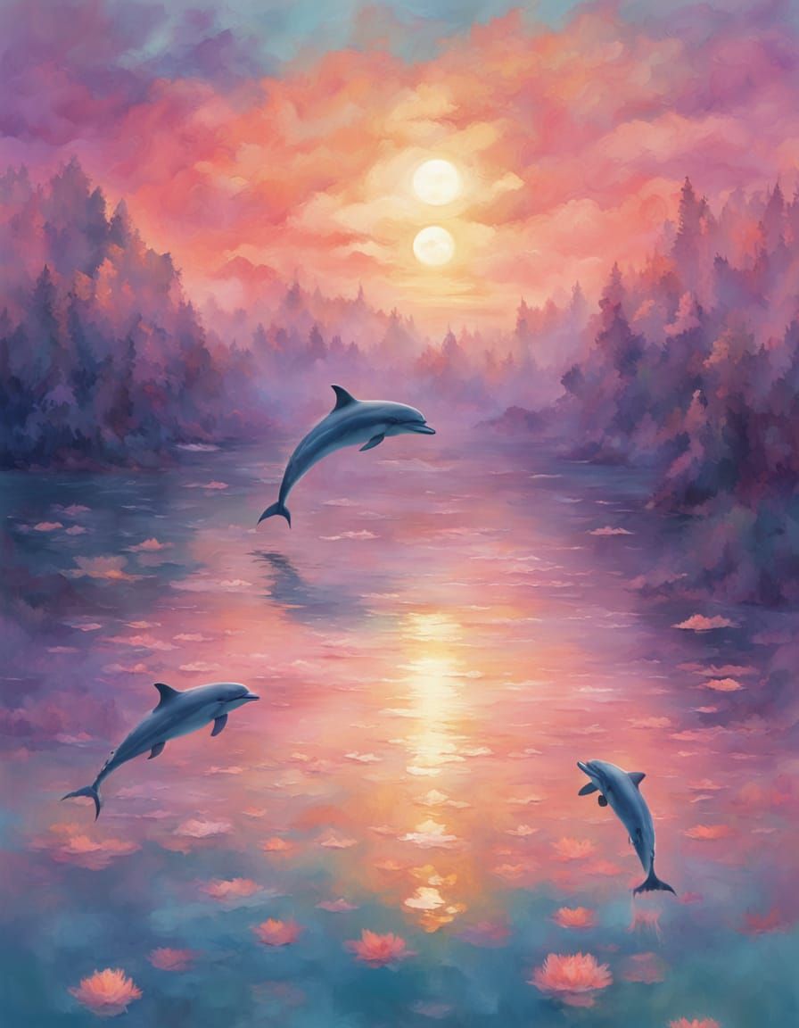 Dreamy Aquatic Scene with Dolphins and Sunset