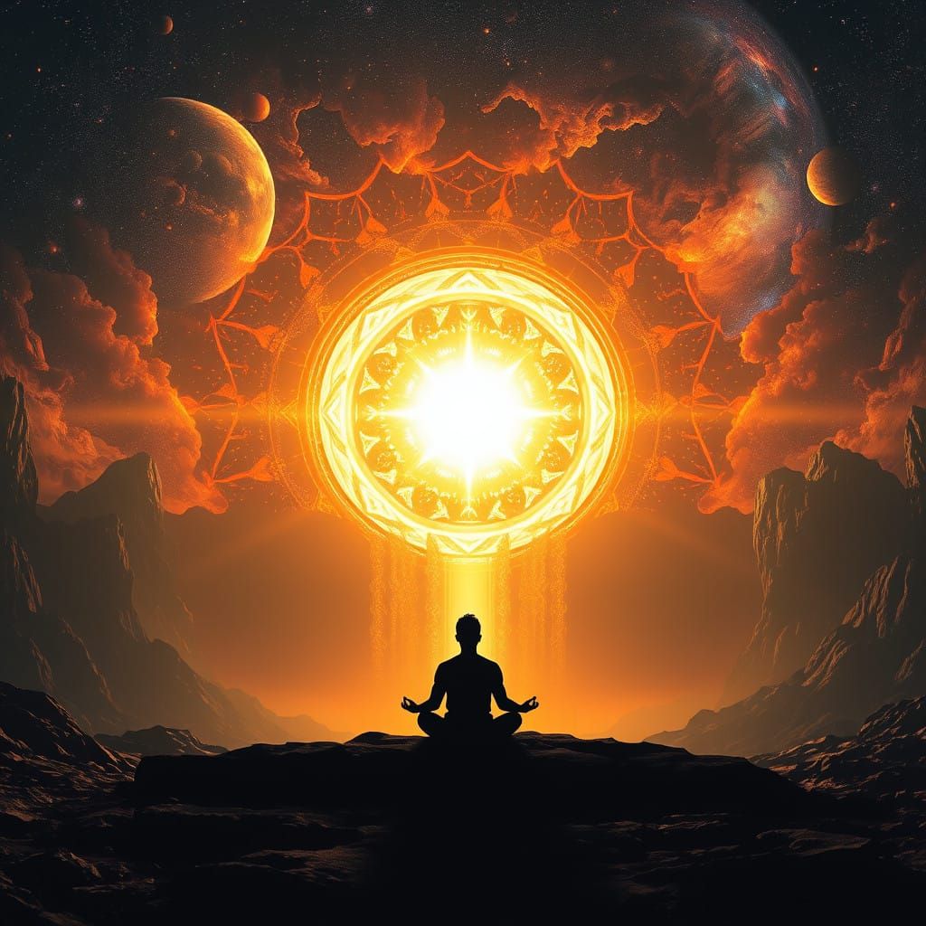 Enigmatic Figure Meditates Before Cosmic Portal