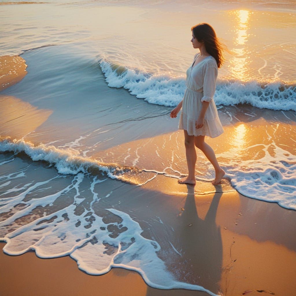 Impressionistic Seashore at Sunset with Person