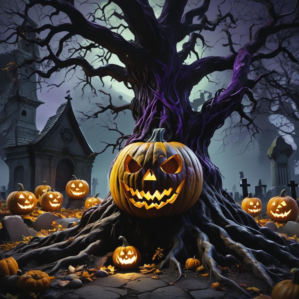Eerie Pumpkin in Haunted Cemetery: Dark Fantasy Art