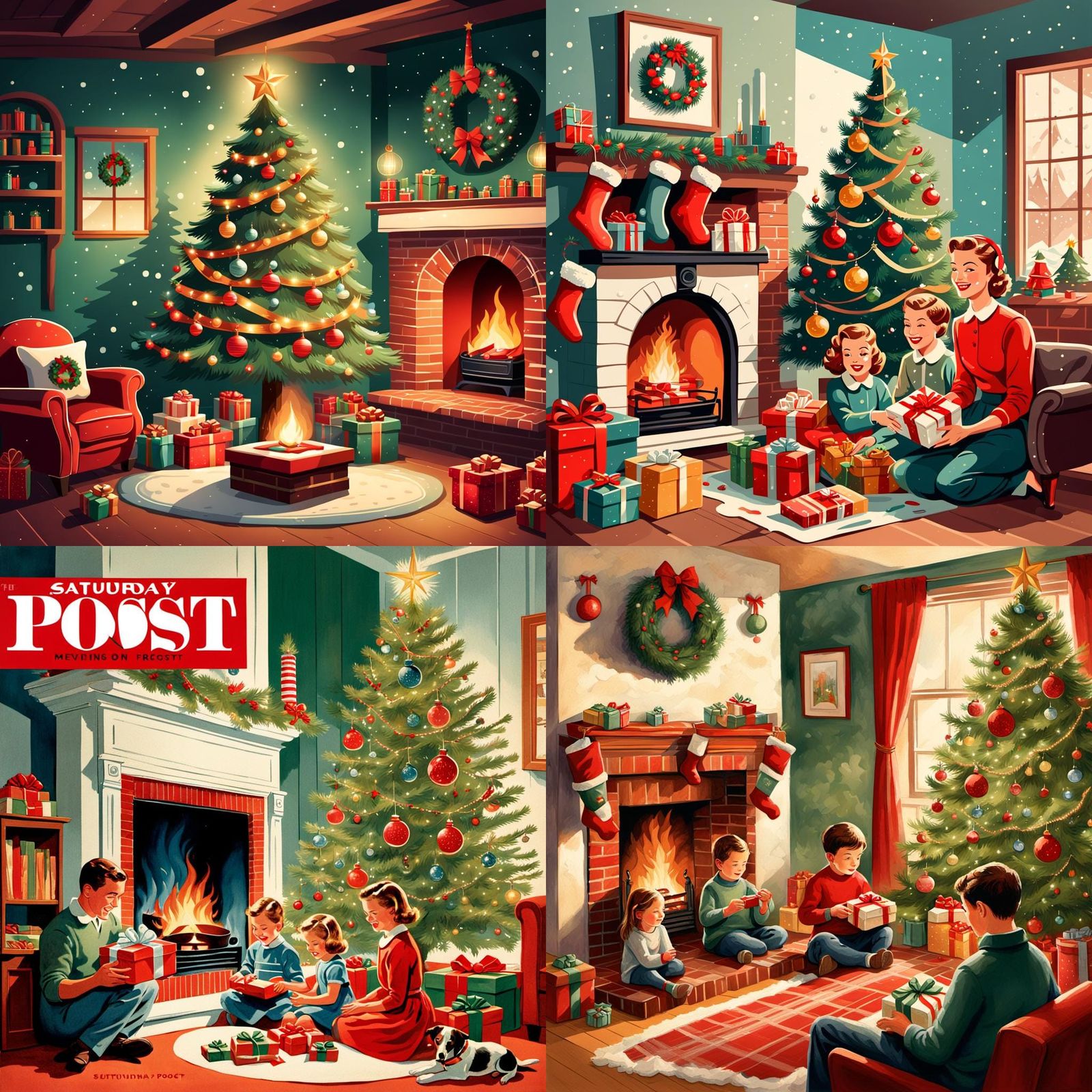 Retro Christmas Family Scene in 1950s Illustration Style