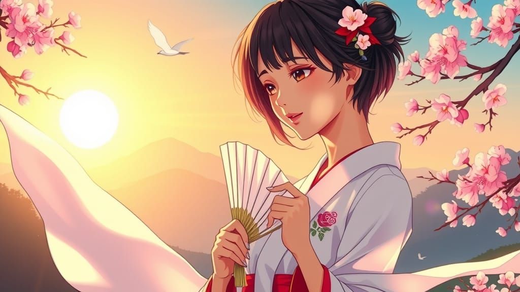 Elegant Woman with Fan in Anime Style
