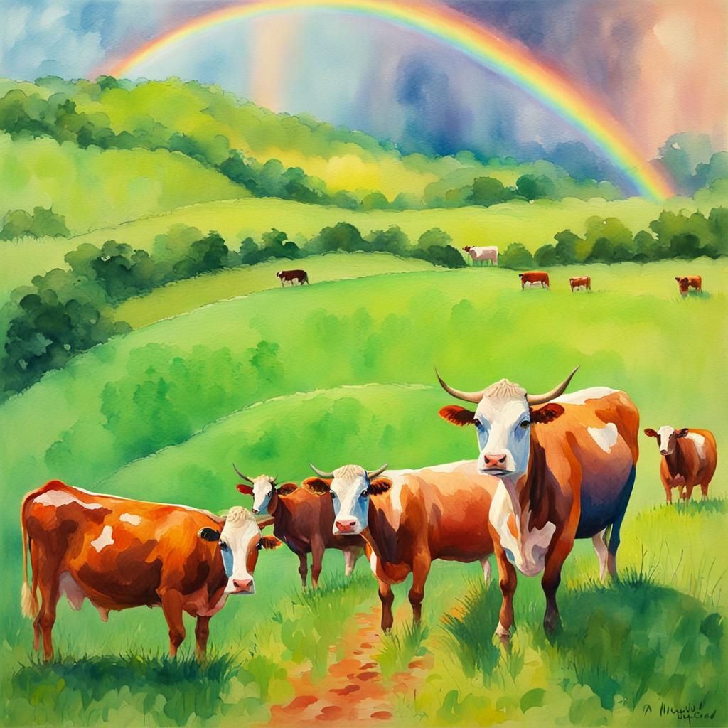 Cows Grazing Under Rainbow: Impressionist Gouache Painting