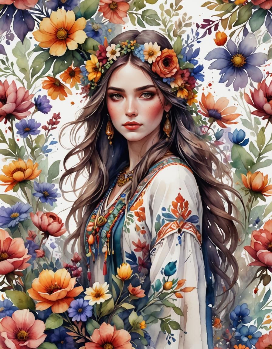 Boho Girl with Flowers in Watercolor Style