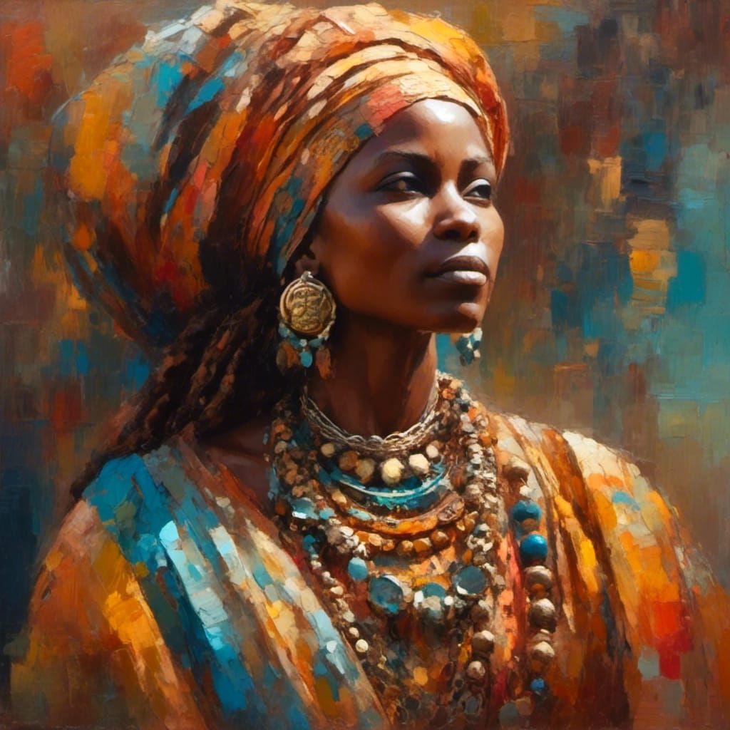 African Woman in Traditional Dress: Oil Painting