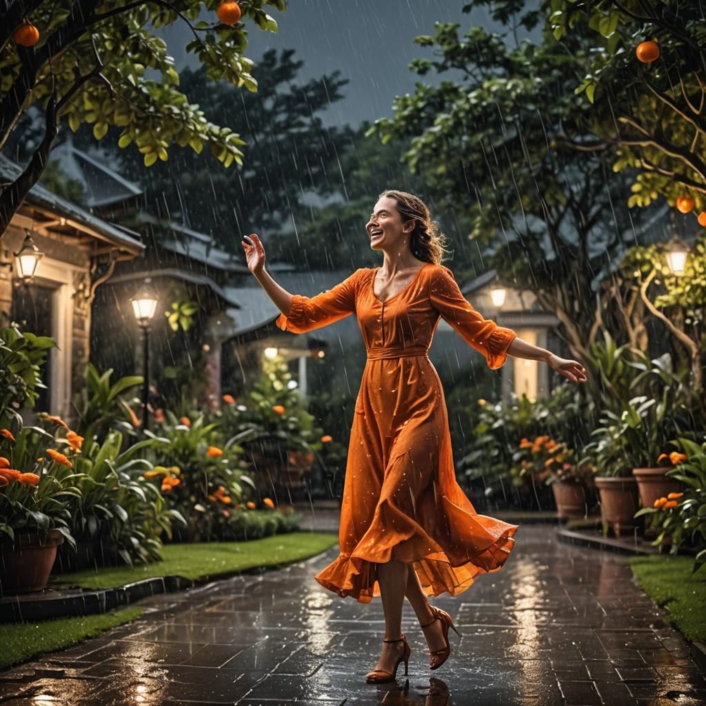 Woman in Orange Dress Dancing in Moonlight Rain