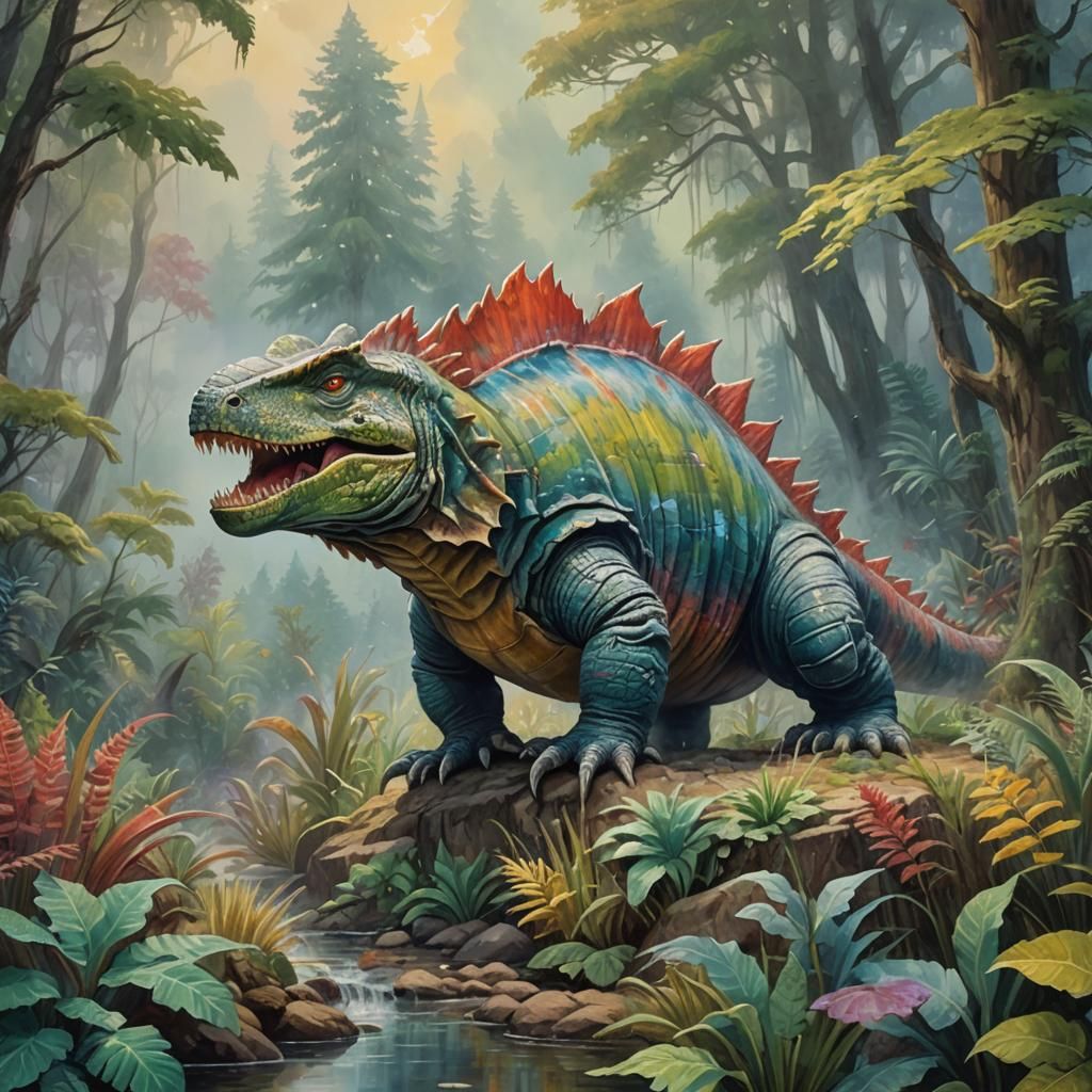 Dimetrodon in Gouache Style Impressionist Painting