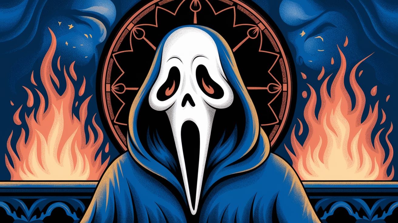 Sheet Ghost Trickster Spirit in Burning Cathedral