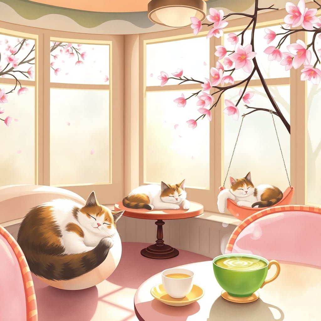 Sunlit Whimsy Cat Café with Cherry Blossoms
