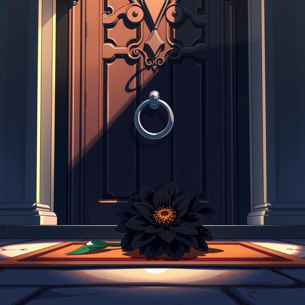 Dramatic Dahlia at Ornate Door in Anime Style