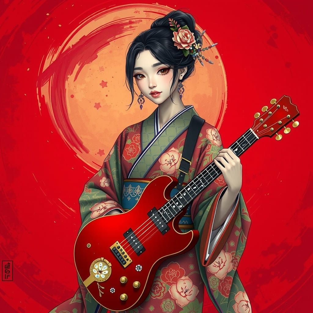 Serene Japanese Goddess Plays Guitar in Vibrant Red Swirls