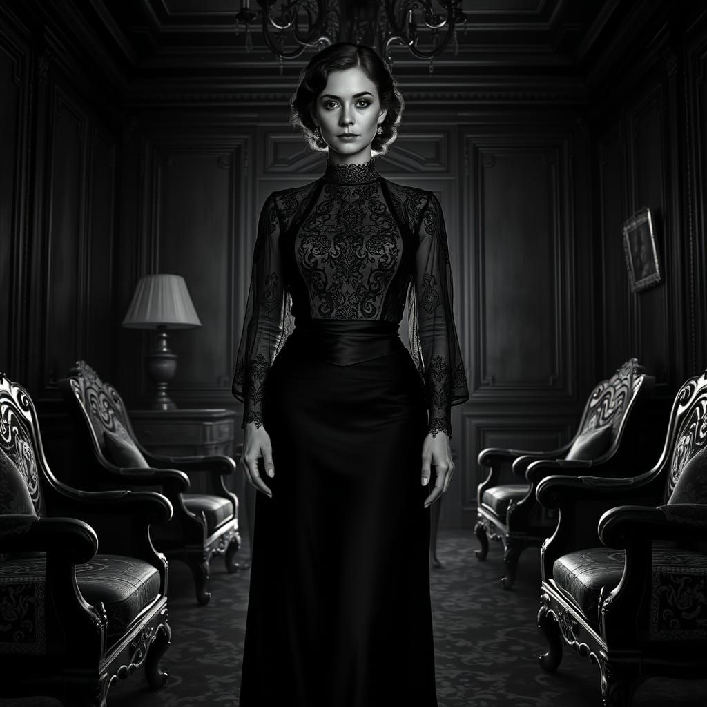 Elegant Woman Dominates Lavish 1912 Parlor in Black and Whit...