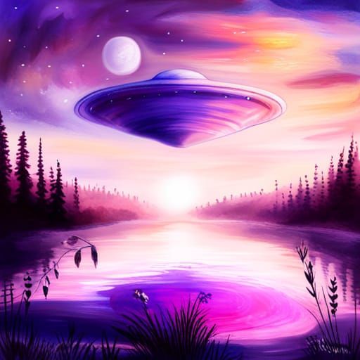 Alien Planet with UFO in Romantic Style