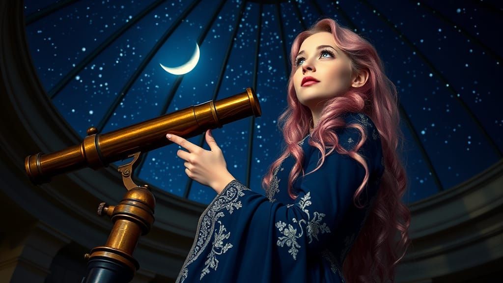 Enchanting Young Woman Contemplates Night Sky in Castle with...