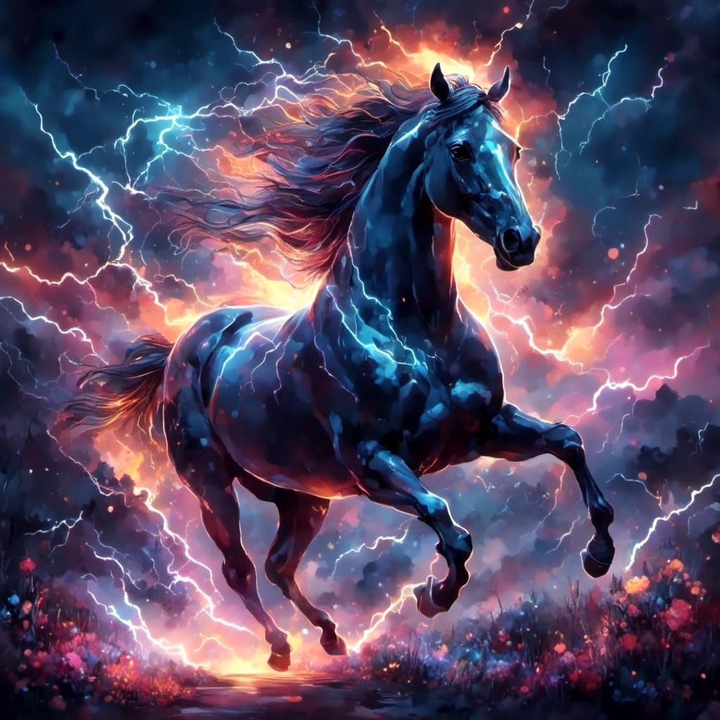 Glowing Horse Galloping Through Lightning Storm