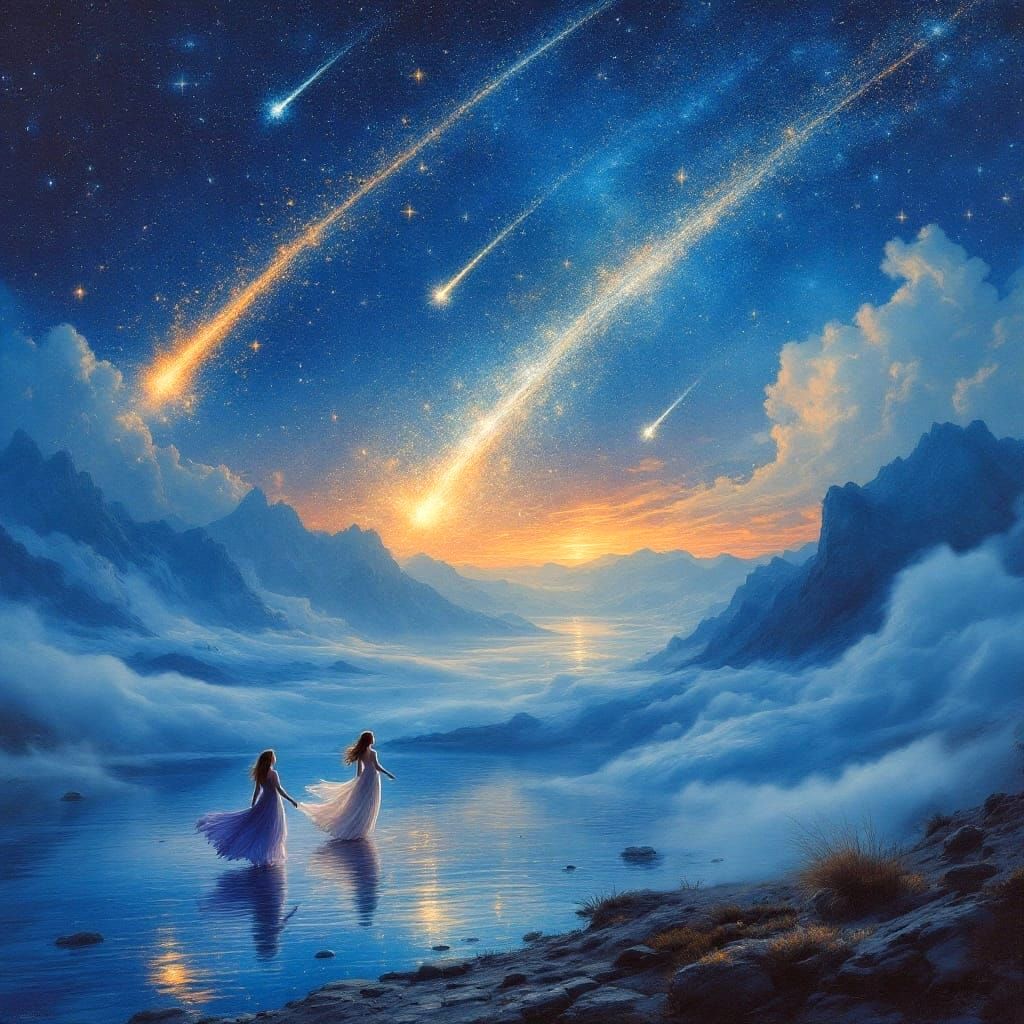 Ethereal Lake Goddesses Amidst Shooting Stars in a Dreamy La...