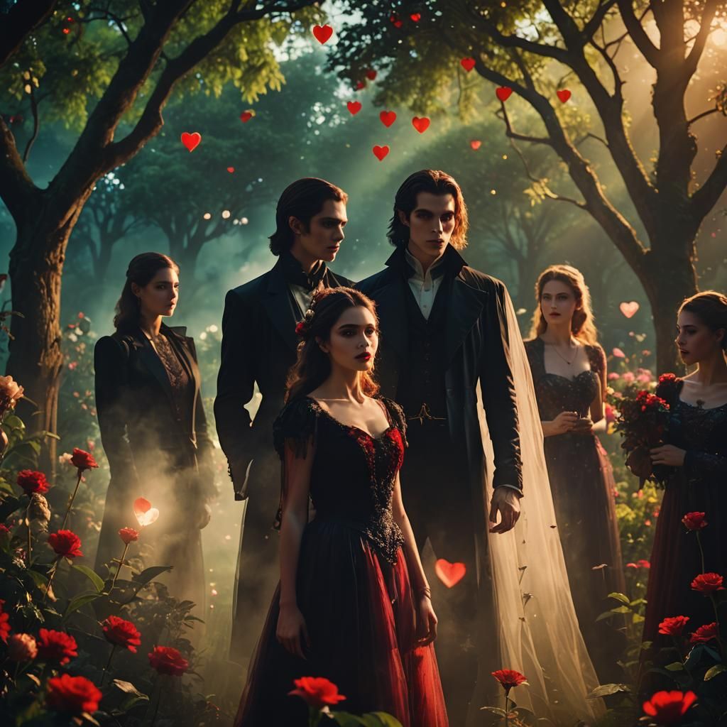 Vampires in Celestial Garden with Glowing Heart