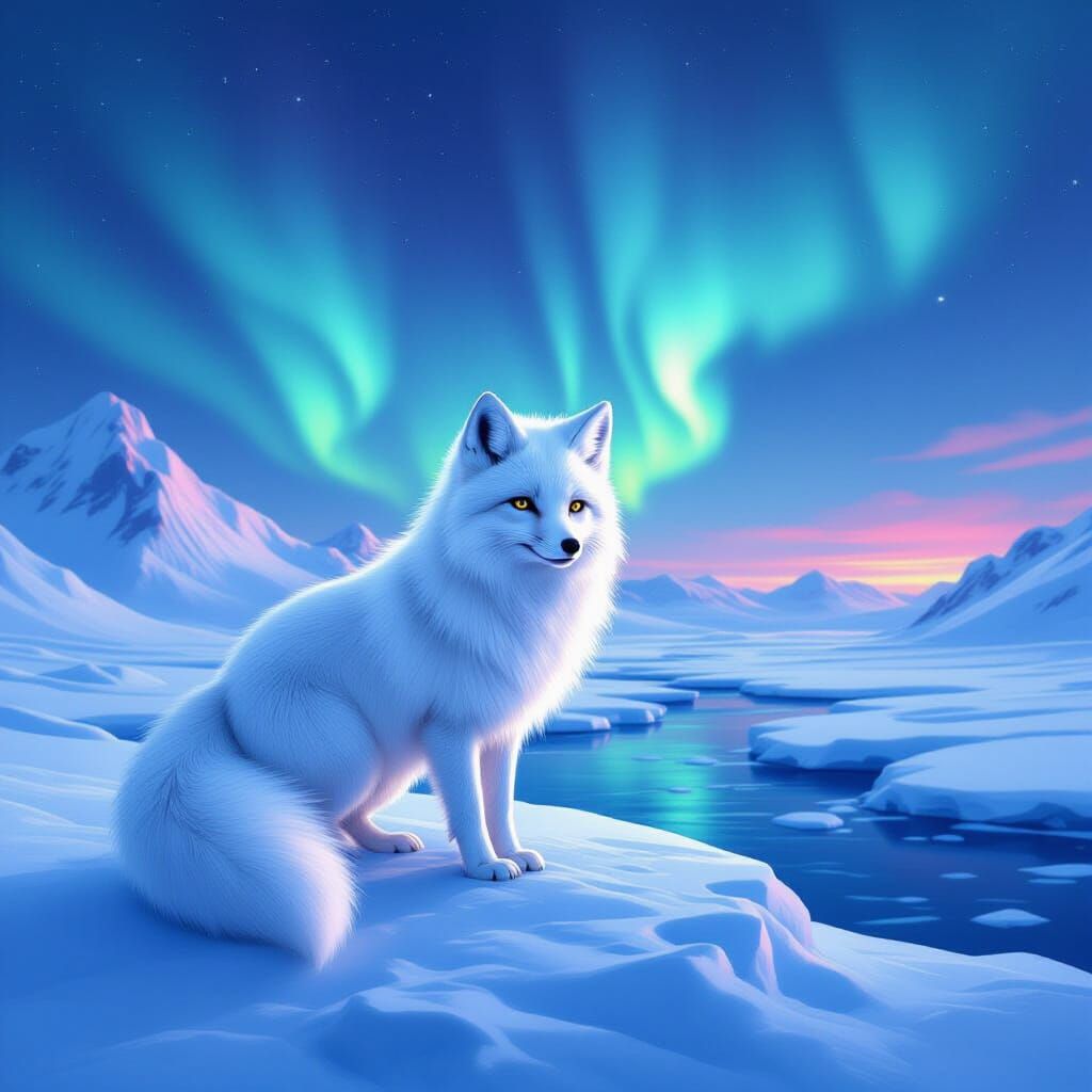 Arctic Fox Under Aurora, Fantasy Concept Art