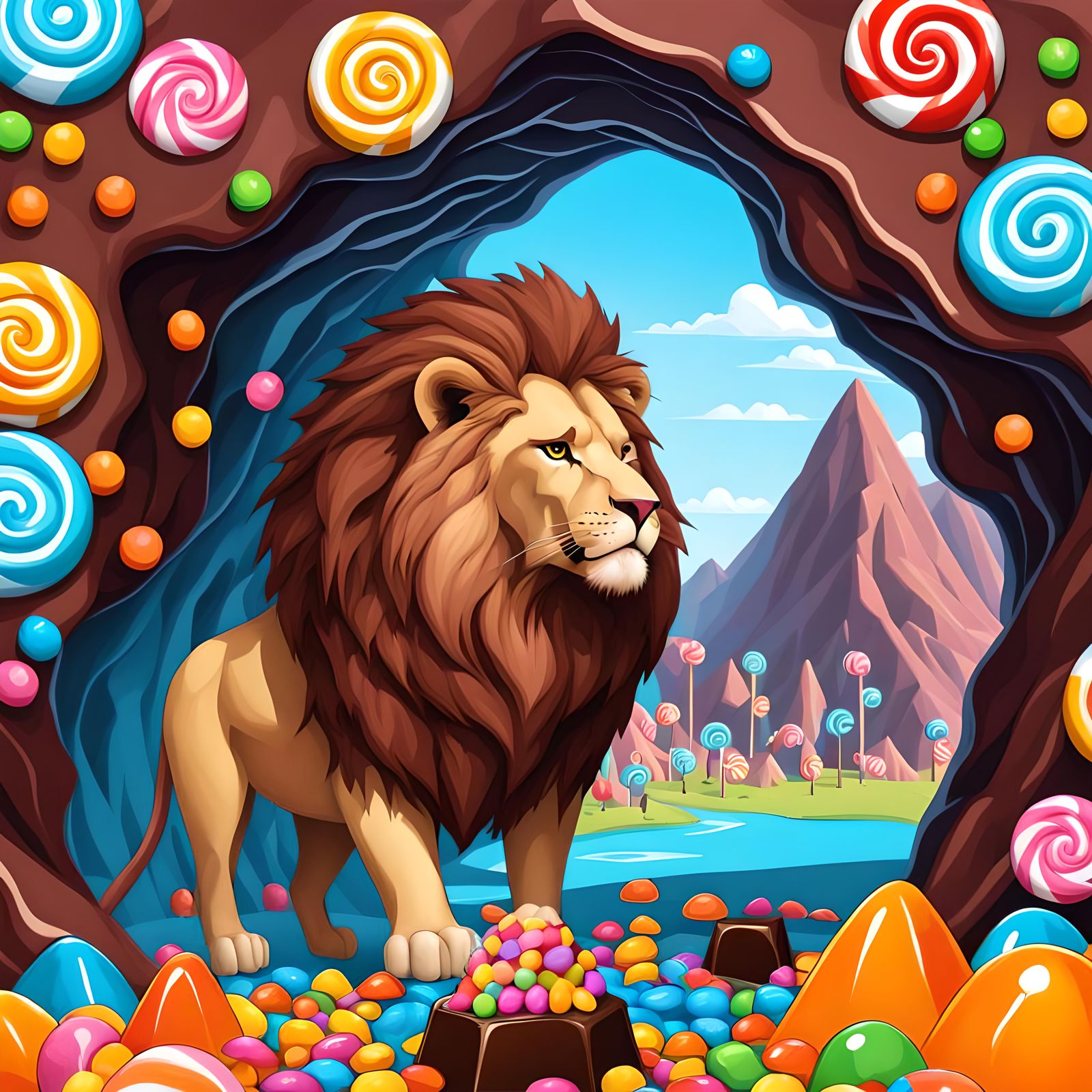 Lion in a Candy Cave with Chocolate Mountains