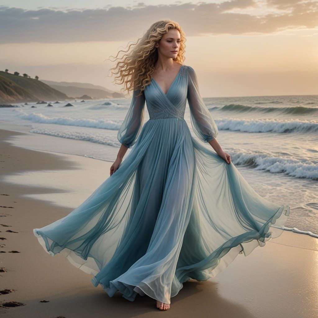 Tall Blonde Lady Walks Shoreline at Sunrise