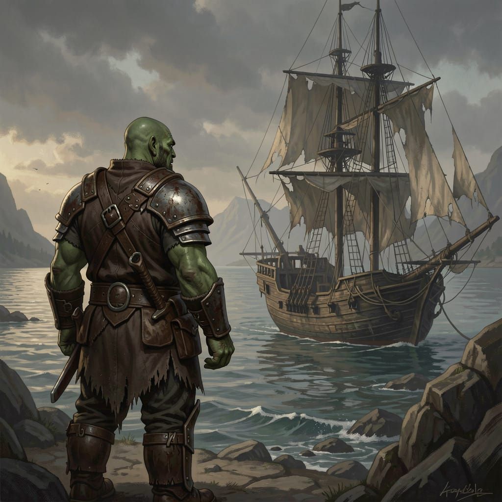 Orc Adventurer Gazes at Pirate Ship in Dark Fantasy Style