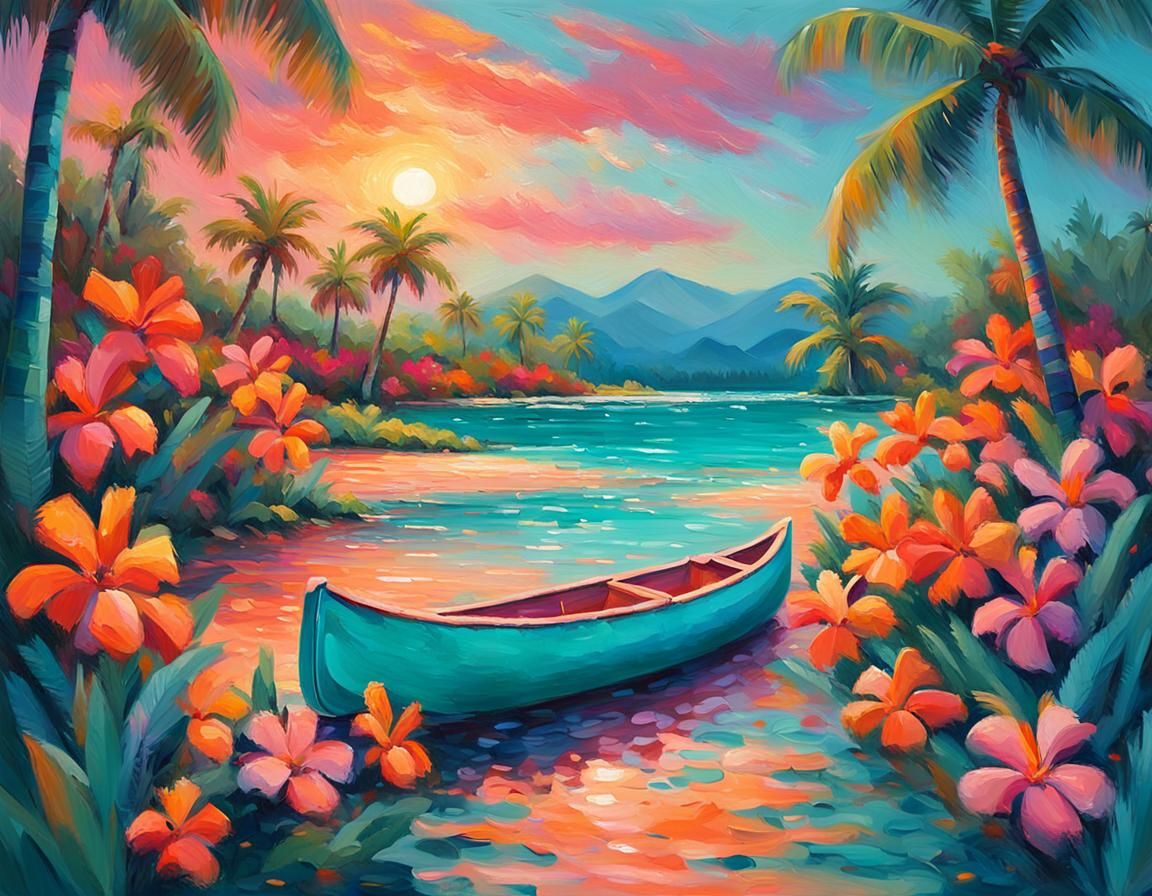 Tropical Paradise Canoe in Impressionist Style