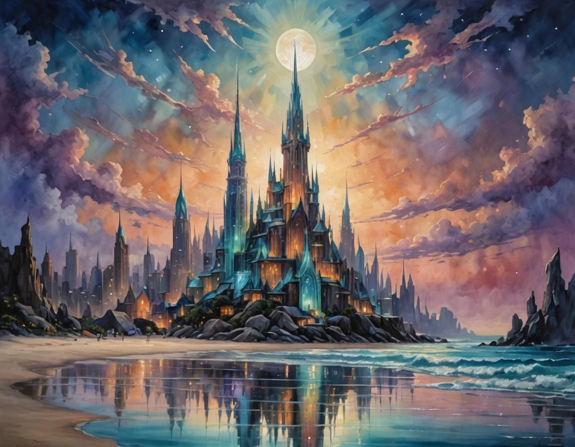 Iridescent Crystal Cityscape at Dusk as Oil Painting