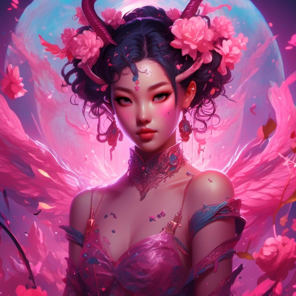 Cute Tiefling Girl with Flower Horns, Digital Art