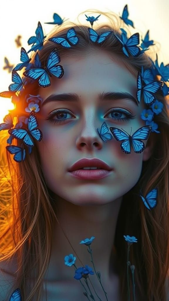 Sci-Fi Woman with Blue Flowers and Butterflies