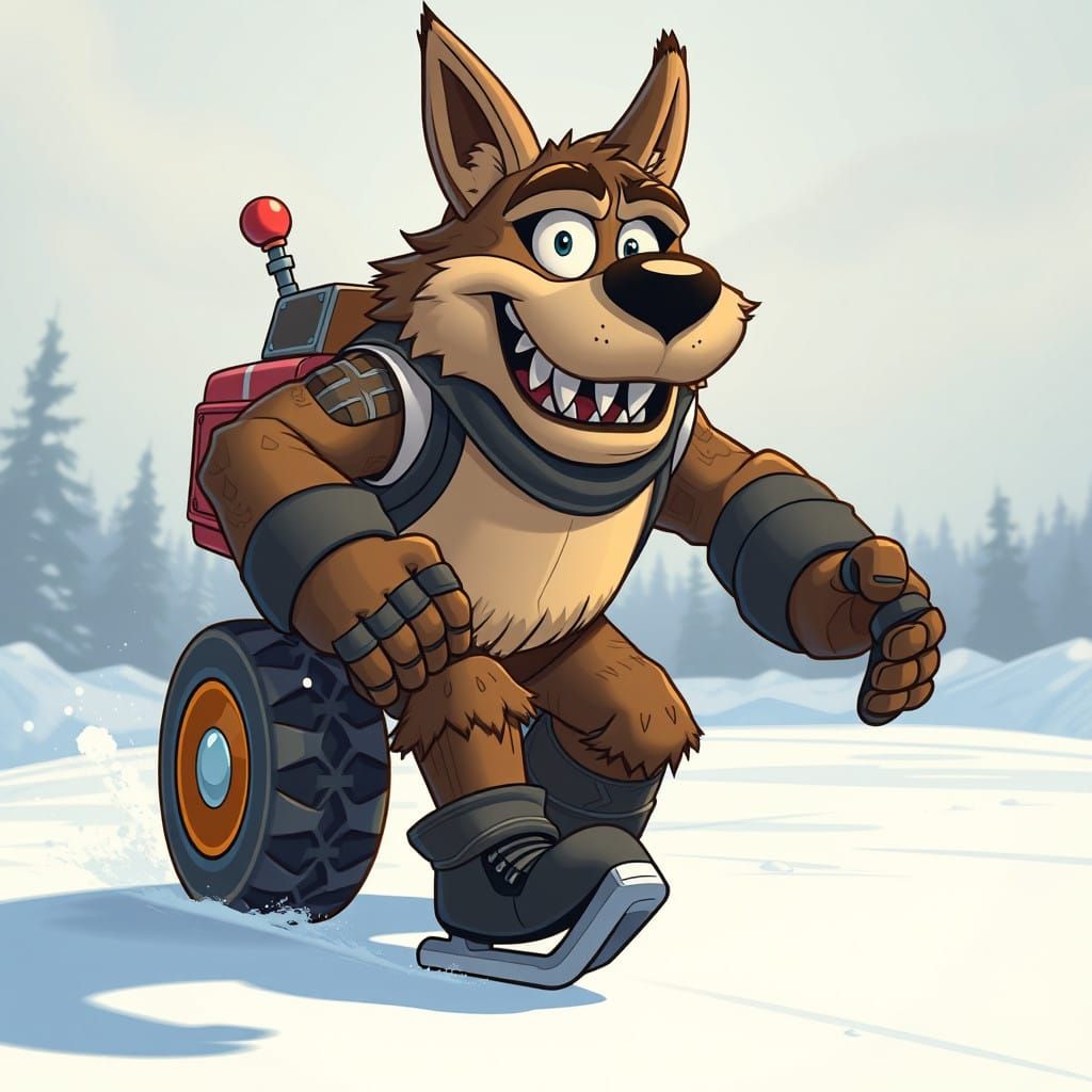 Humanoid Bulldozer Ice Skating Cartoon Character
