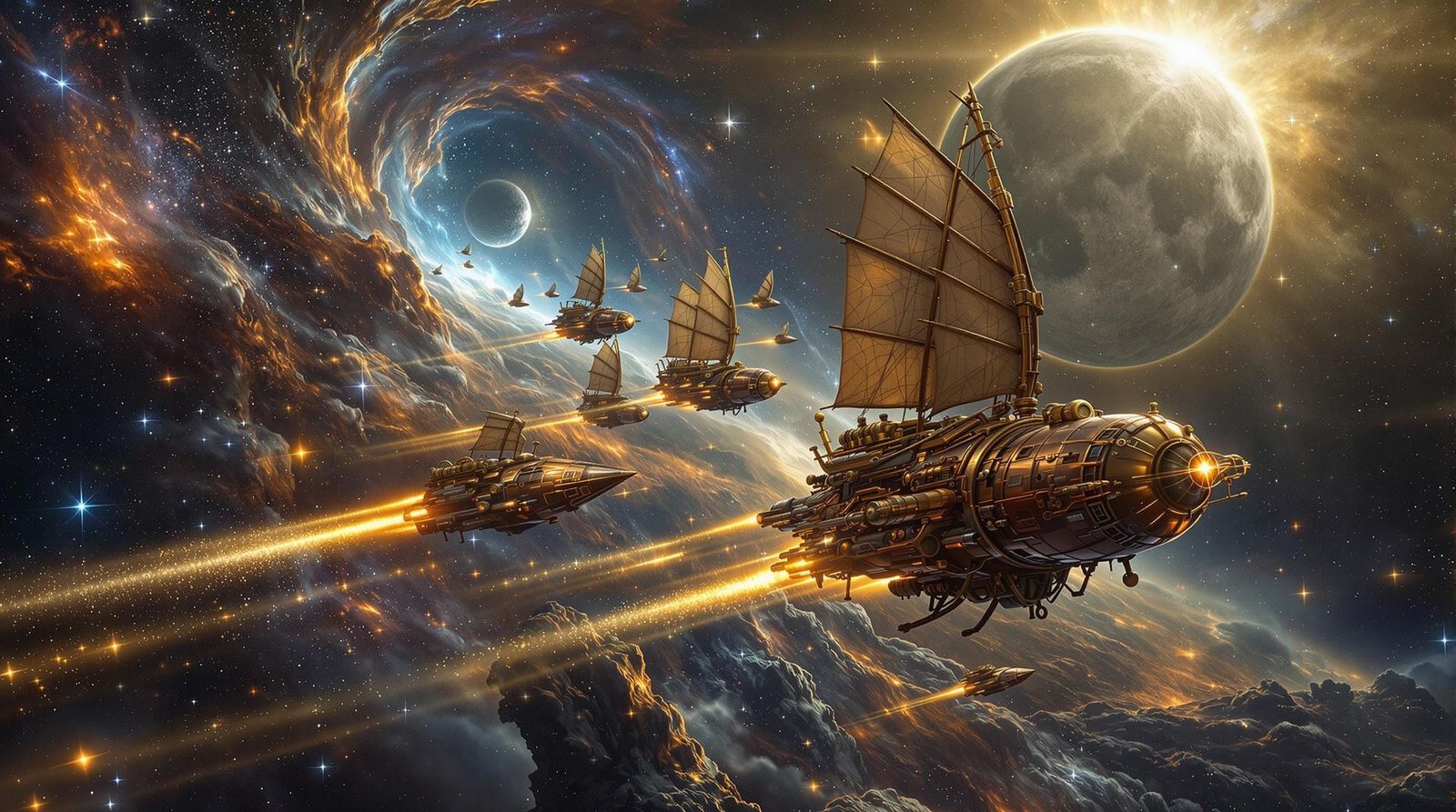 Majestic Steampunk Spaceships Sail to the Edge of the Cosmos