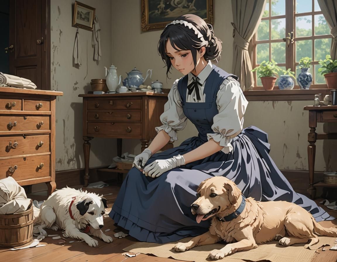 Anime Maidservant Bandaging Dog in Victorian Style
