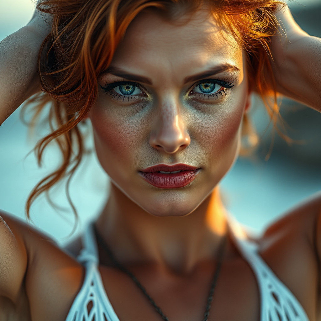 Hyperrealistic Woman Lifts Man at the Beach