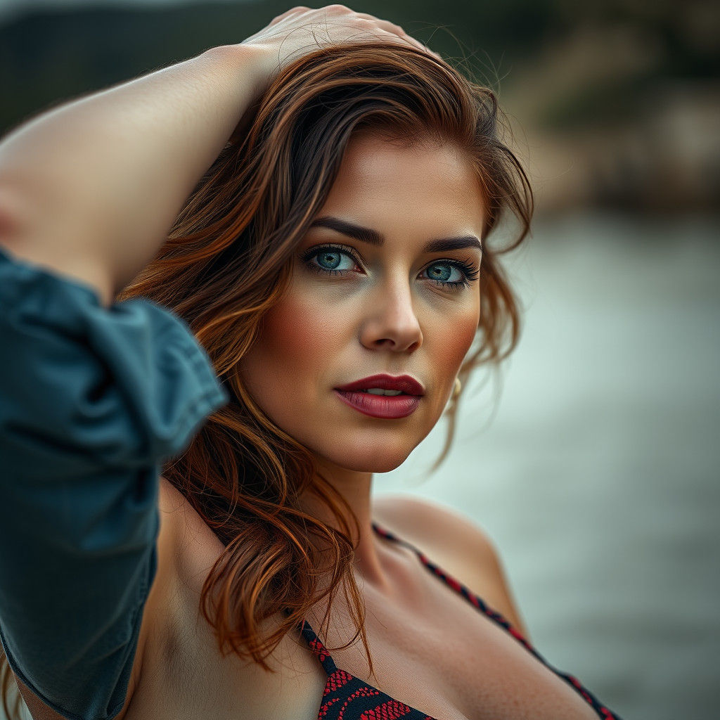 Hyperrealistic Portrait of Woman Lifting Man at Beach