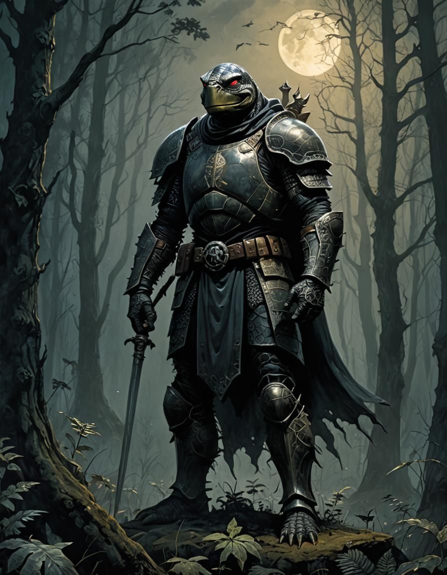 Turtle Knight in Misty Forest: Dark Gothic Art