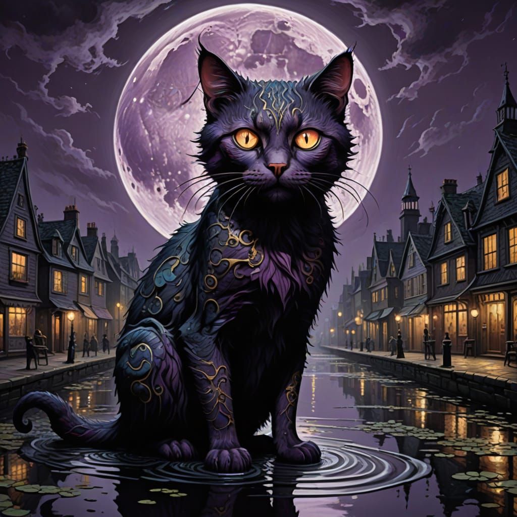 Eerie Red Cat and Purple Monster in Gothic Town
