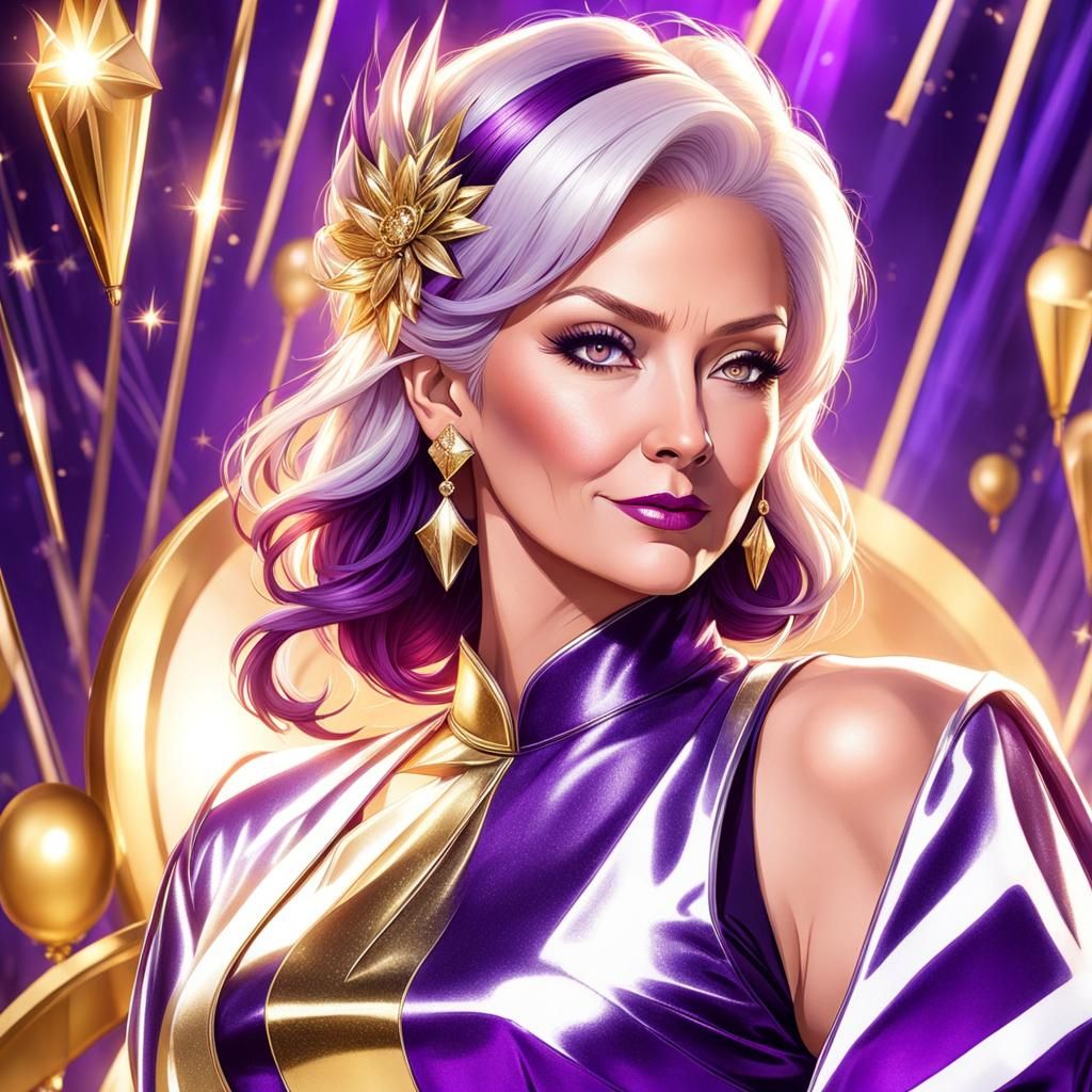 Elegant Woman with Golden Eyes and Purple Hair