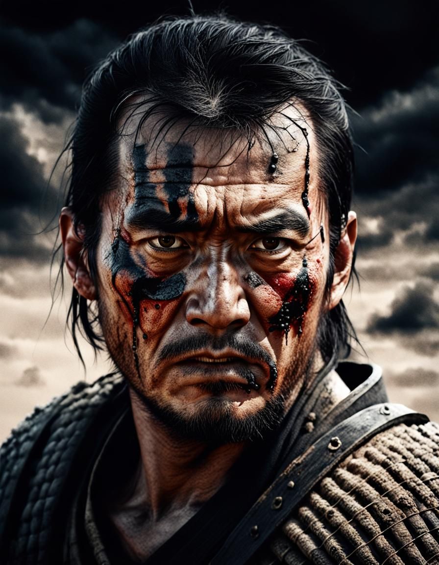 Battle-Weary Samurai in a Dark, Hyperrealistic Photo