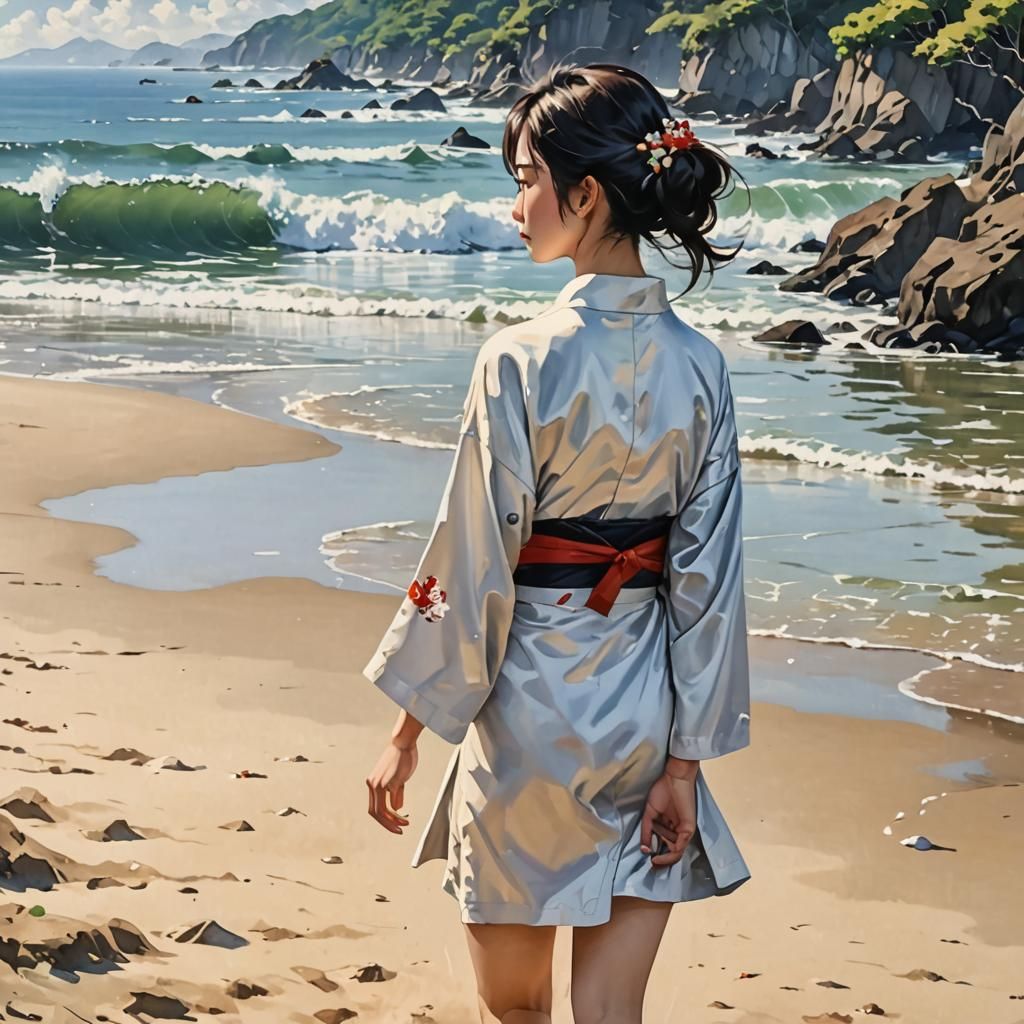 Exquisitely Detailed Painting of Nude Woman on Beach