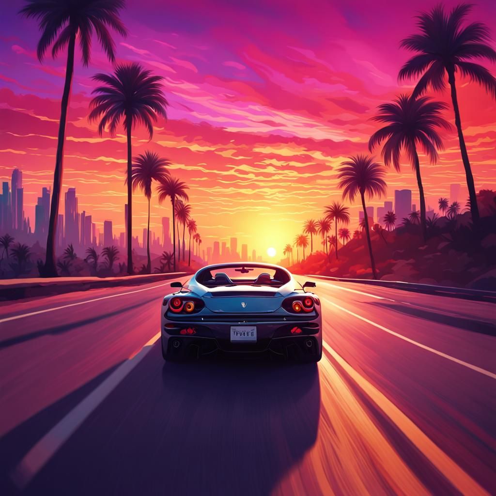 Ferrari Sunset Drive in Vaporwave Style