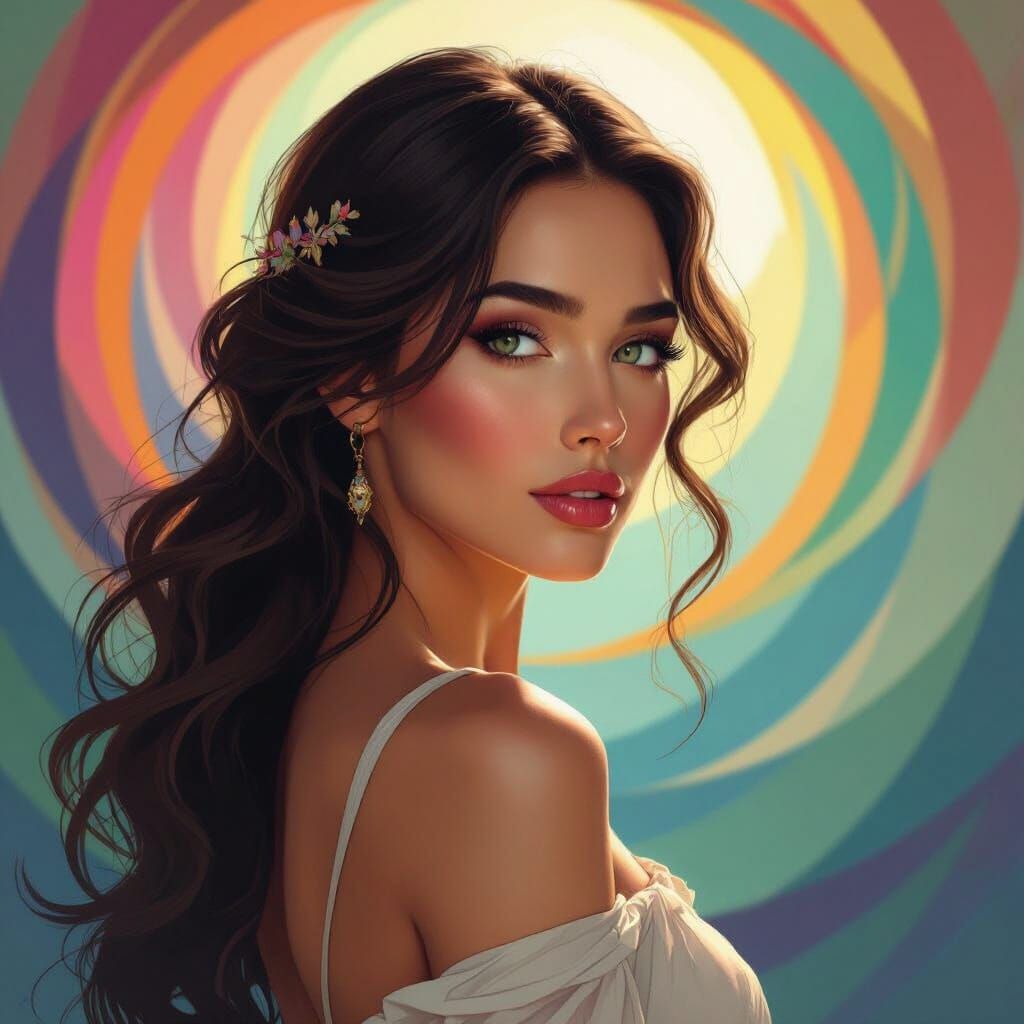 Beautiful Woman with Striking Features in Abstract Colorful ...