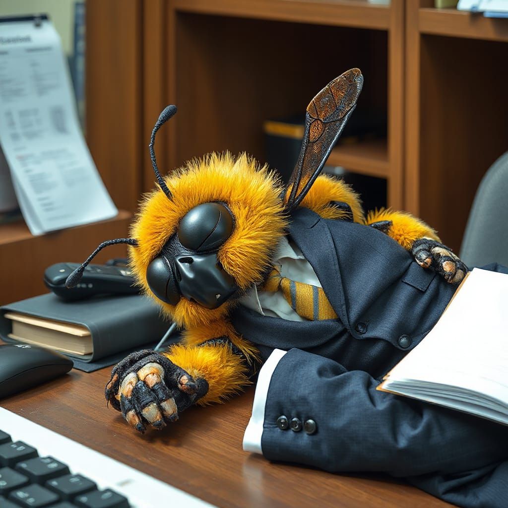 Bumblebee in Suit Sleeping at Office Desk