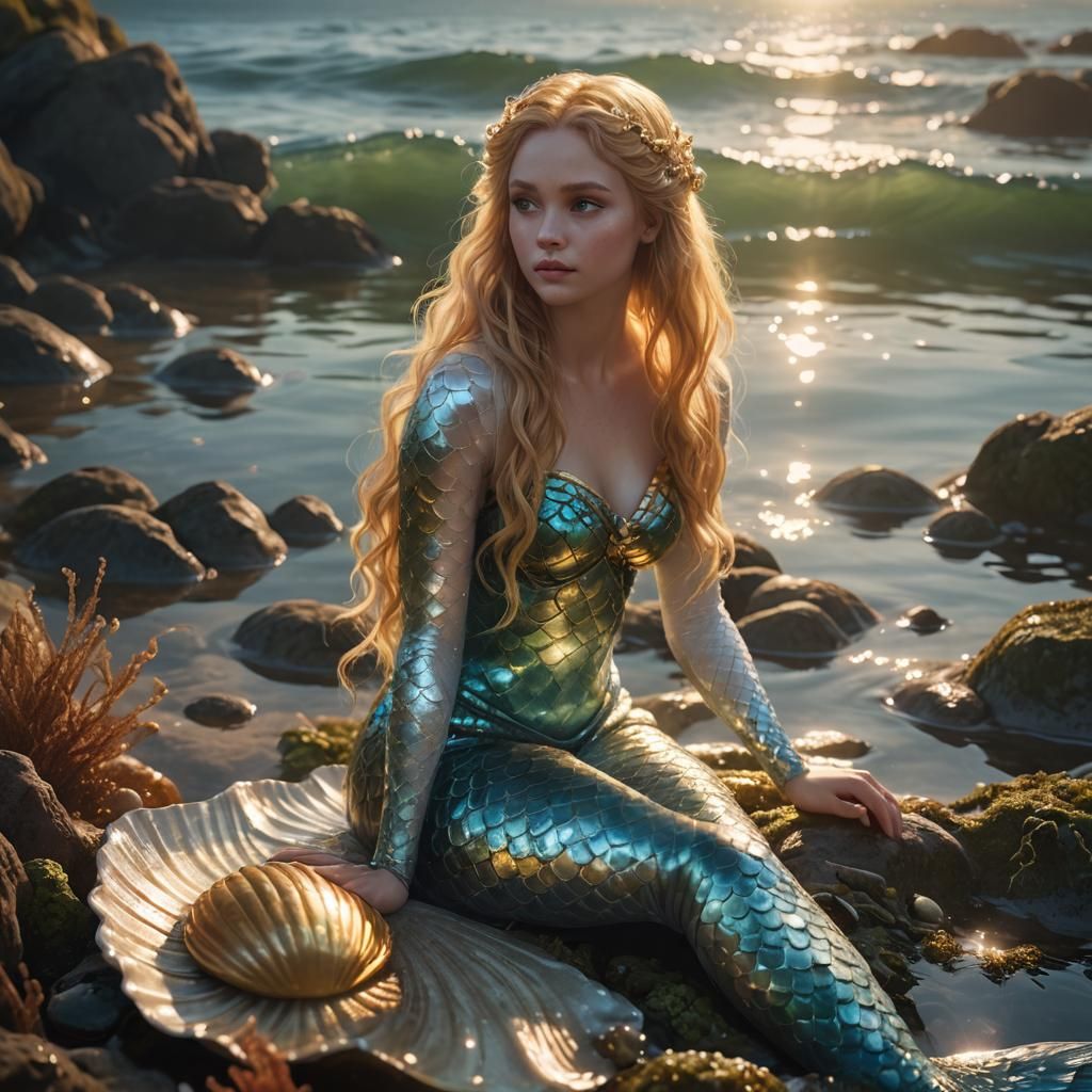 Golden Mermaid on Clam Shell in Digital Painting