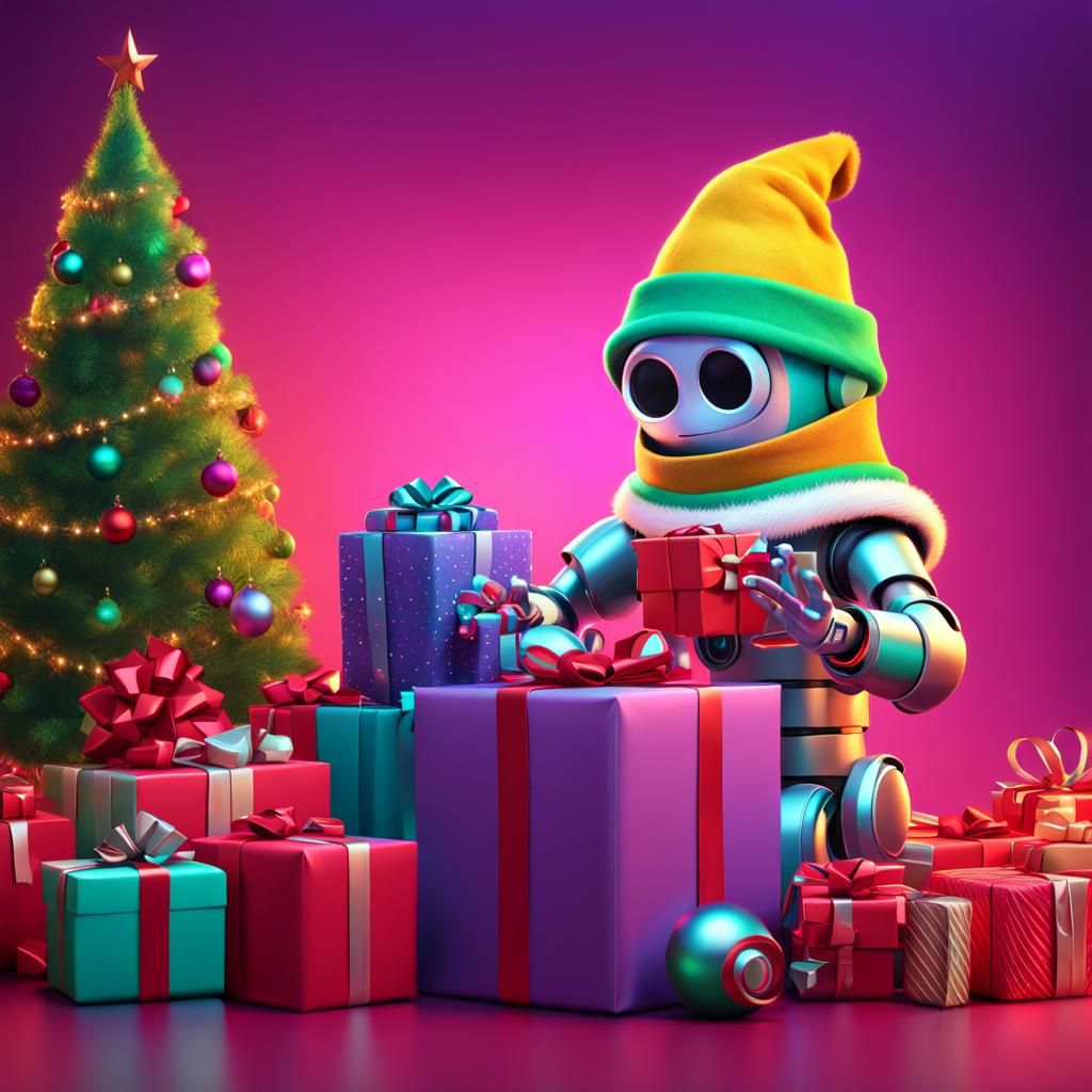 Festive Christmas Robot Elf Wrapping Presents