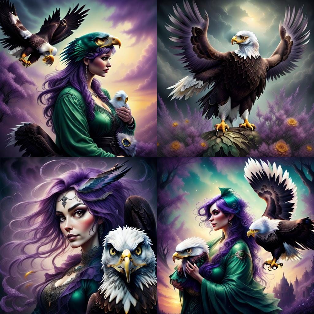 Purple Haired Woman with Eagle in Desert, Alcohol Ink