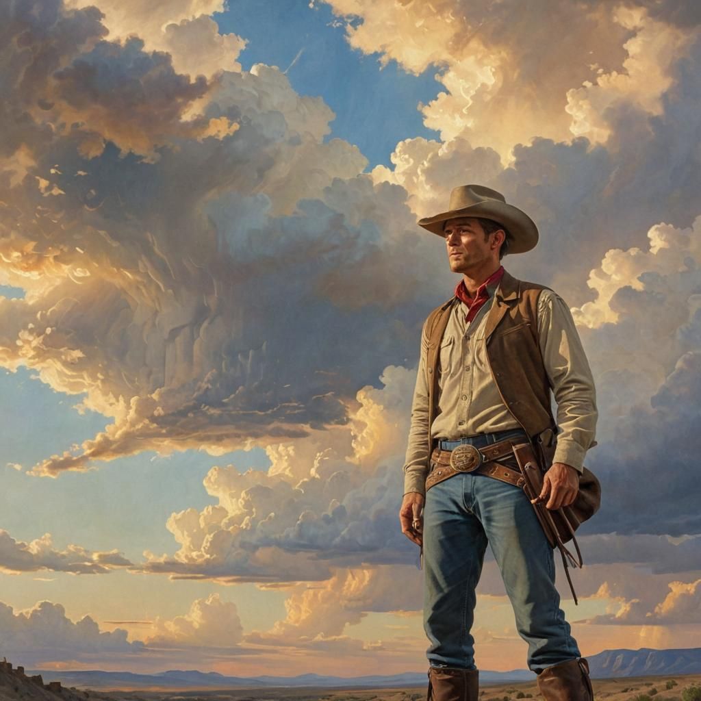 Gunslinger in Landscape, N.C. Wyeth Painting Style