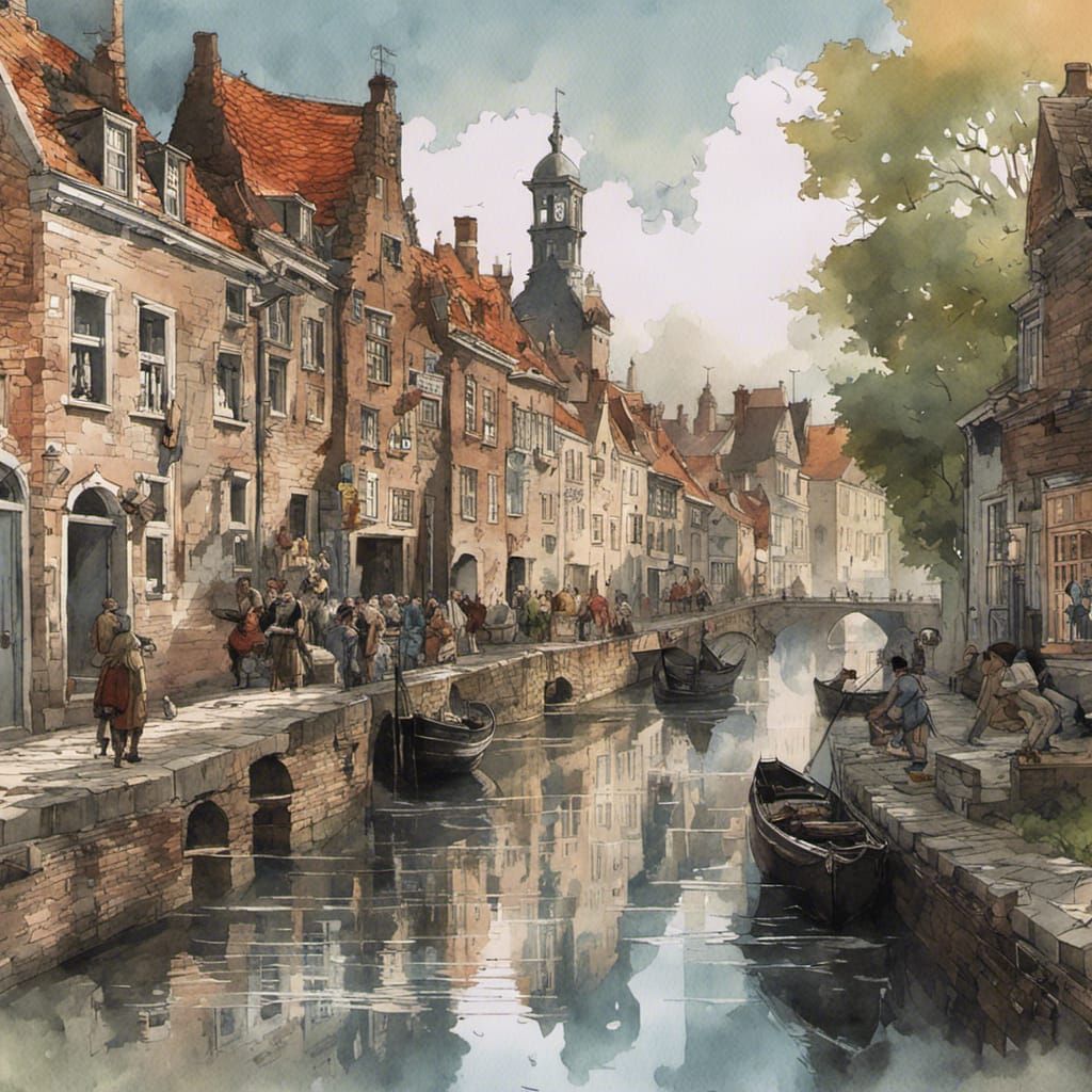 Dutch Renaissance Town in Watercolor Comic Style