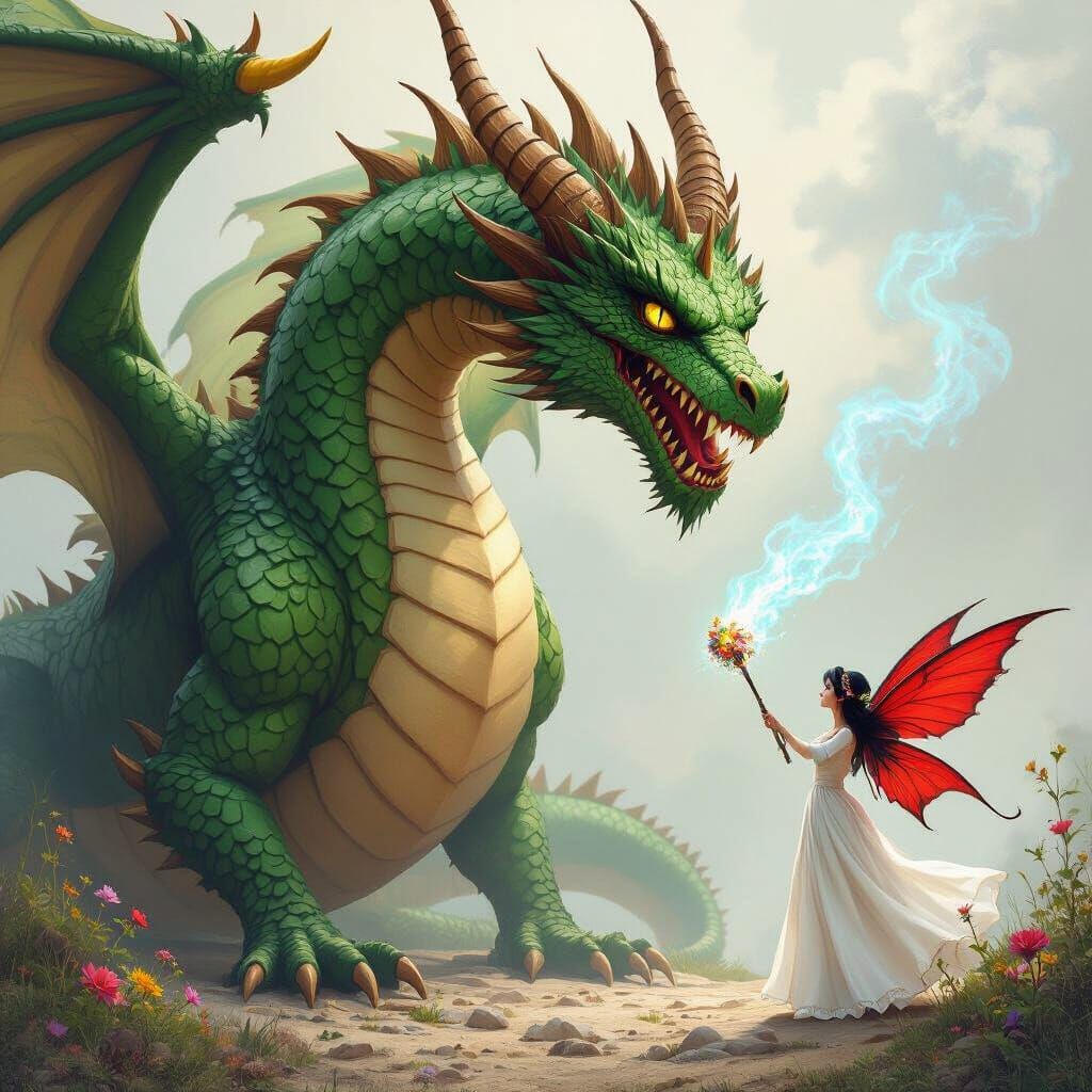 Green Dragon Confronts Fairy in Mystical Forest