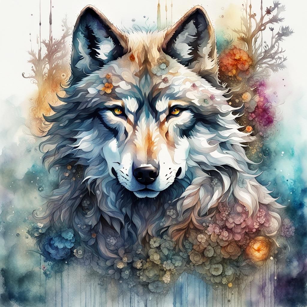 Fantasy Watercolor Wolf Fairytale Illustration