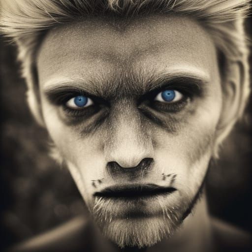 Blond Werewolf Portrait in Dark Woods